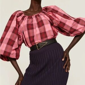 kate spade Pink & Red Plaid Puff-Sleeve Blouse